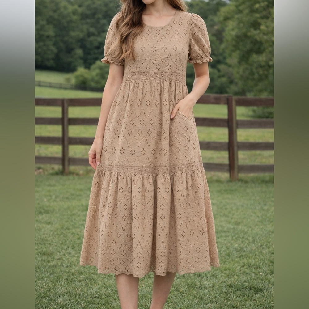 The Young London 50-50 Cotton-Linen Elegant Tan Eyelet Midi Dress Med Fit